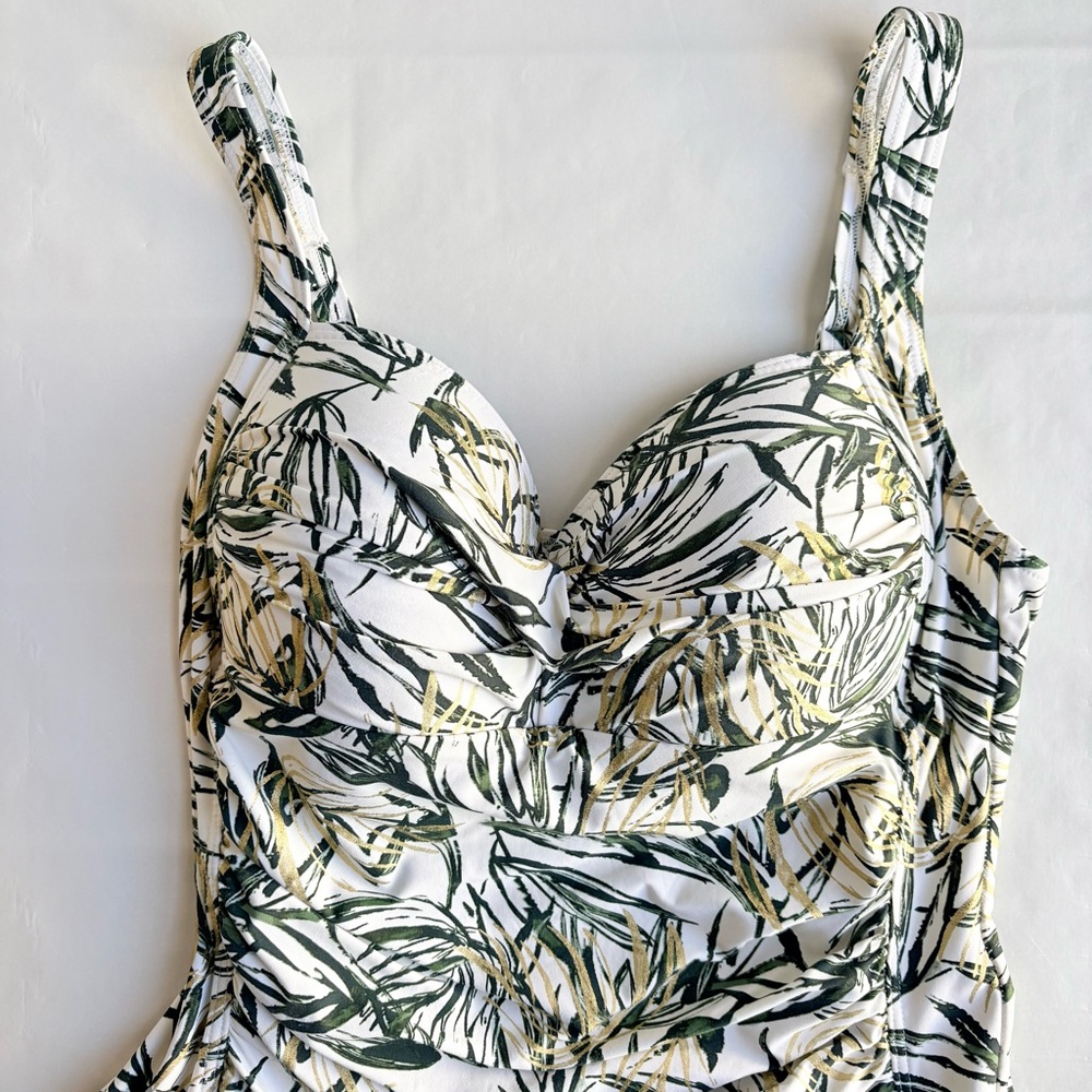 Niptuck Swimsuit One Piece Green Gold Tropical Leaf Padded Ruched Lined Size 10 - Picture 2 of 16